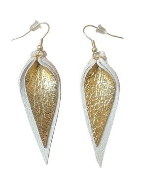 Vintage Vallure Women's Leather Pinched Leaf Earrings Ivory Gold Small Boho